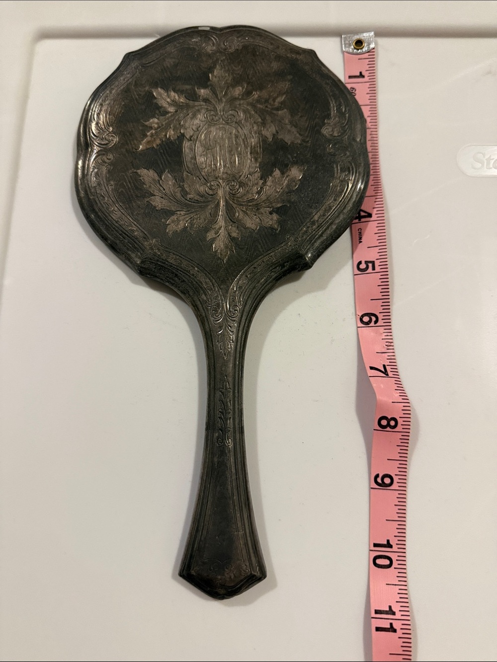 Ornate Engraved Metal Hand Mirror with Monogram - Picture 4 of 7